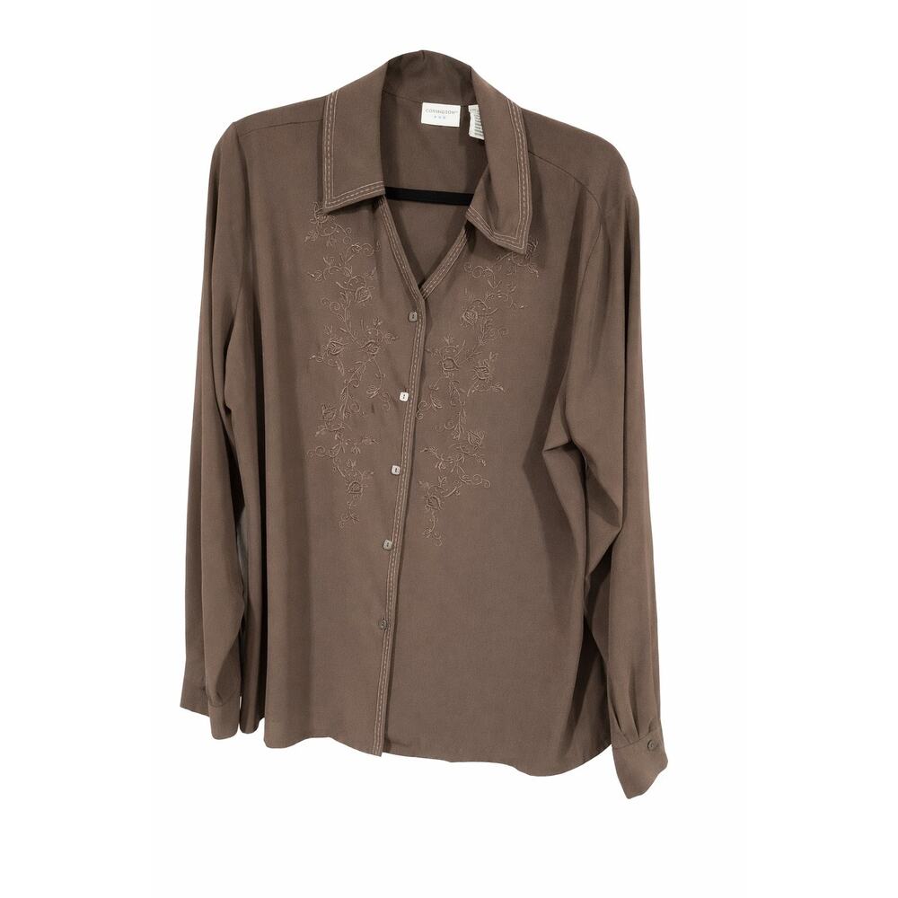 Covington Womens XL 18‎ Brown Embroidered Floral Blouse Button Up Boho Romantic